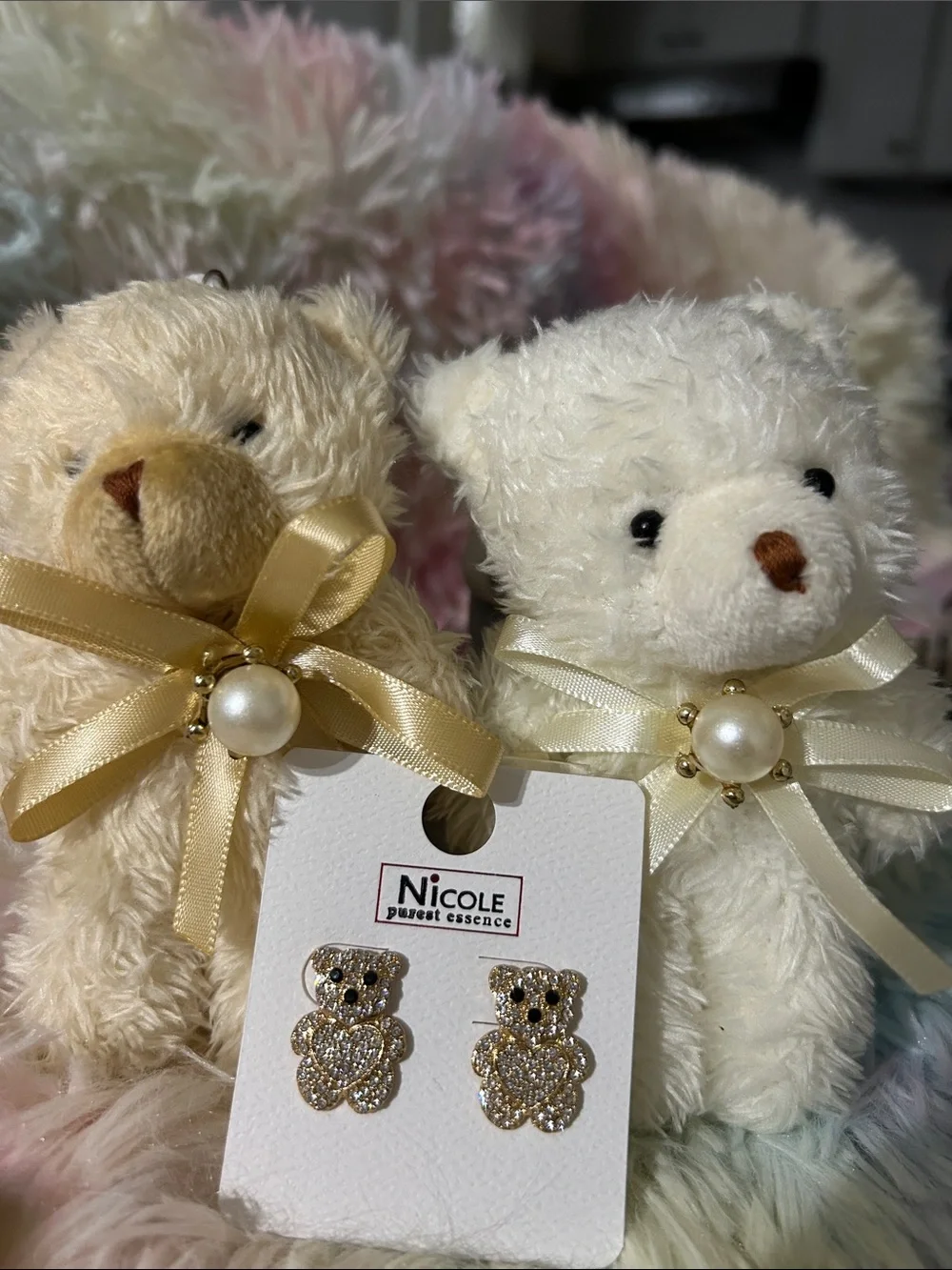 Nicole Cream and Gold Teddy Bear Crystal Stud Earrings